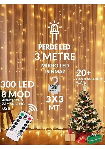 3x3 Metre Perde Led Işık, 300 Ledli 10 Sarkıtlı Dekoratif Peri Led, Uzaktan Kumandalı Ve 8 Fonk Standart