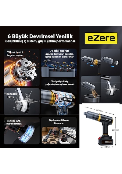 Ezere St-6609c 20000pa Güçlü Dijital Göstergeli Vakumlu Kablosuz Üflemeli Araç Süpürgesi