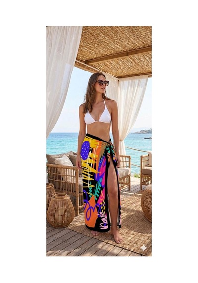 Nazzain Miami Pop Desenli Bağlamalı Yırtmaçlı Pareo Plaj Eteği Bikini Üstü Plaj Giyim Yazlık Beachwear 150x95 Cm Çok Renkli
