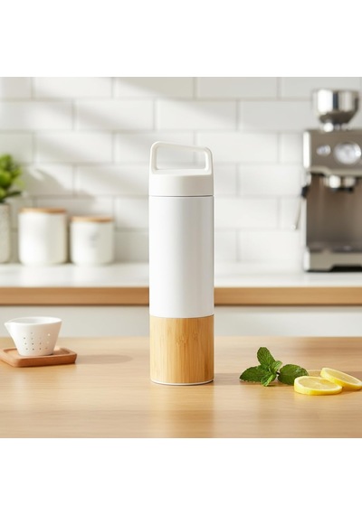 600 Ml Bambu Tabanlı Kulplu Çelik Termos Mug - 5 Renk Seçenekli Sıcak/soğuk Tutucu Seyahat Bardağı Beyaz Çok Renkli