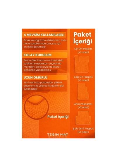Ford Kuga 2013 2019 Uyumlu Eva Oto Paspas Turuncu Metal Topukluklu Tam Set