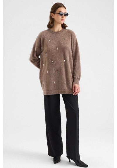 Olcay Taş Detaylı Soft Kumaş Oversize Triko Kazak Vizon 8290