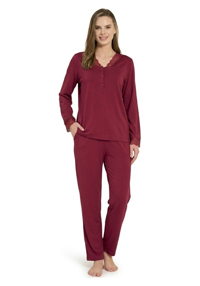 Feyza Pijadore Kadın %100 Pamuklu Dantelli Uzun Kollu Mevsimlik Pijama Takımı 2205 Bordo