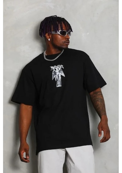 Modi Erkek Baskılı T-shirt Kısa Kol Bisiklet Yaka Regular Fit Rahat Kalıp Günlük Tişört - Siyah - Mymg185485