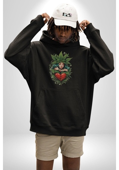 Kalp Parmak Kız Yeşillik Mutluluk Kadın Erkek Siyah Kapüşonlu Sweatshirt Hoodie Siyah