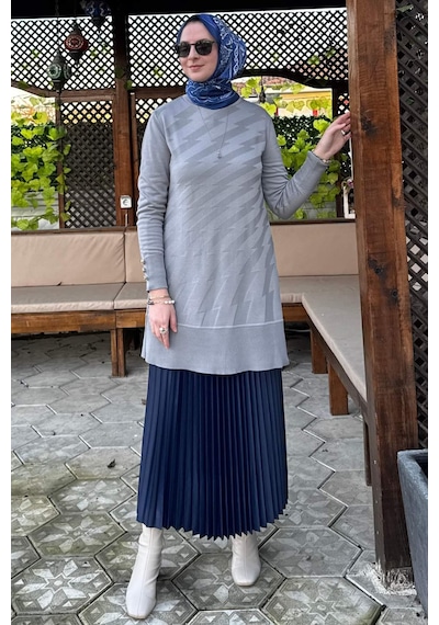 Rabia Şamlı Bilge Triko Tunik Gri Çok Renkli