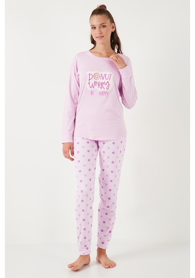 Lela Streç Standart Fit Bisiklet Yaka Desenli Bayan Pijama Takımı 6095700 Açık Pembe