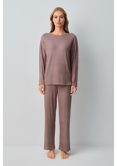 Suwen Comfort Geniş Yaka Pijama Takımı Wsh105100951268 Cappuccino