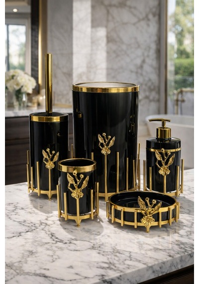Makri Home Gold Kaplama Metal Stantlı 5 Parça Mermer Desenli Ve Düz Renk Seçenekli Banyo Aksesuar Takımı Siyah