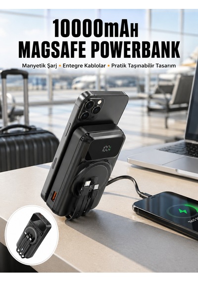 15w Kablosuz Hızlı Şarjlı 10000 Mah Led Göstergeli Powerbank Siyah