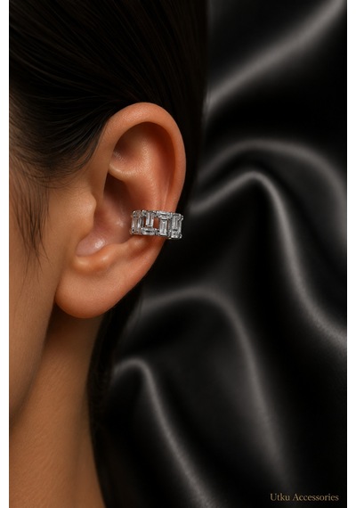Taşlı Kıkırdak Çelik Küpe Earcuff Gümüş