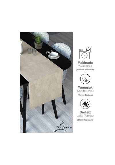 Kadife Efektli Ekru Renk Aura Serisi Runner 40 X 140 Ekru