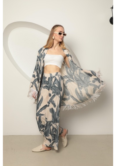Chıcnhappy Viskon Kumaş Empirme Kadın Kimono Takım Gri 24pn5090012 Gri