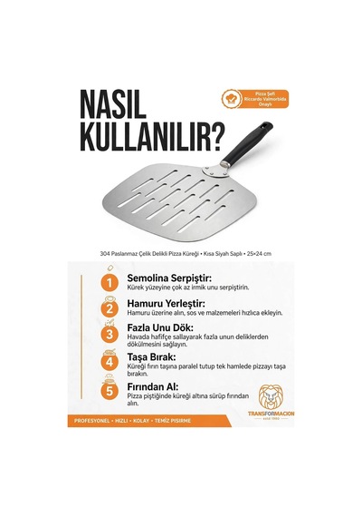 Delikli Pizza Küreği 18/10 Çelik 25x24 Cm Kısa Saplı Ev Tipi Taş Fırın Pizza Pateli 723461 Diğer