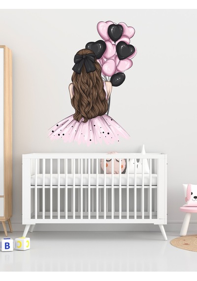 Çocuk Odası Pembe Elbiseli, Pembe Siyah Balonlu Kız Cam, Duvar Sticker