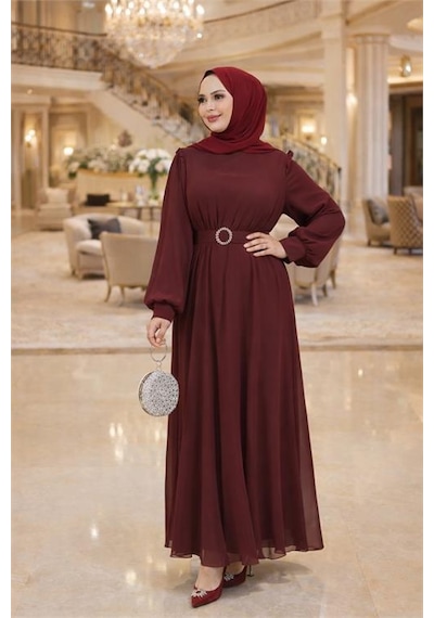 Neşeli Butik Kadın Bordo Tül Kumaş Kemer Detaylı Büyük Beden Tesettür Elbise Nbft006 Bordo