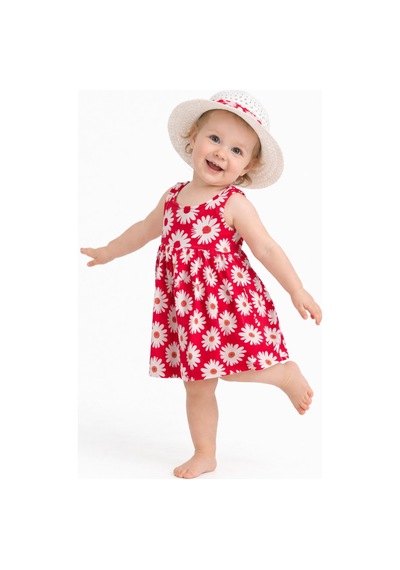 Chicsy Baby Tatlı Kız Bebek Papatya Desenli Tarz Elbise Şapkalı Yazlık Kombin Kırmızı