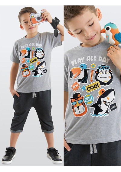 Cool Animals Siyah Erkek Çocuk Yazlık T-shirt Kapri Şort Takım