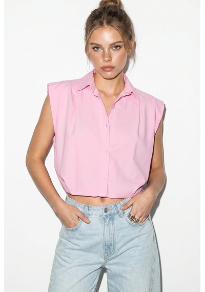 Kadın Kolsuz Gömlek Yaka Beli Lastikli Balon Crop Gömlek Dg261030 60286343 - Pembe