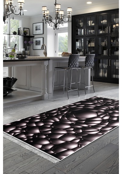Kaymaz Dijital Mutfak & Salon Halı Trend Saçaklı Geometrik E5009 Siyah