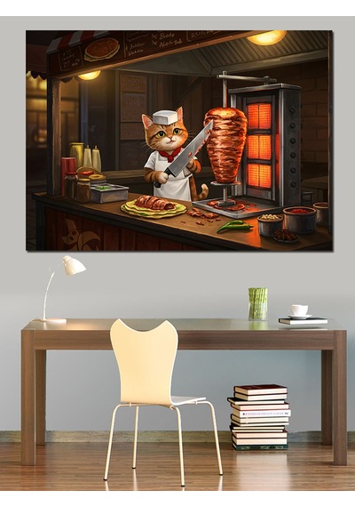 Döner Kesen Kedi Dekoratif Kanvas - Mdf Ahşap Tablo
