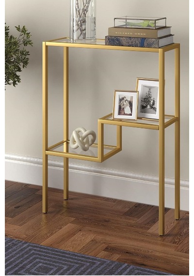 Modern Gold Renk Metal İskeletli Temper Camlı Raflı Dresuar Konsol