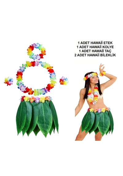 Yetişkin Hawaii Kostüm Seti - Yaprak Etek &amp Amp Hawaii Set - 5 Parça Çok Renkli
