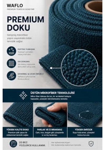 Mikrofiber Temizlik Bezi Rulo 20'li - Petrol Mavisi Yüksek Emicilik, Tekrar Kullanılabilir, İz Bırakmaz Açık Bej