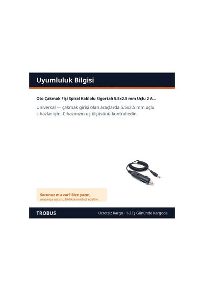 Trobus Oto Çakmak Fişi Spiral Kablolu Sigortalı 5.5x2.5 Mm Uçlu 2 A 1,3 M