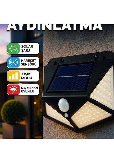 Güneş Enerjili Sensörlü Led Duvar Lambası 3 Modlu Dış Mekan Aydınlatma