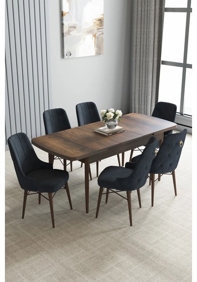Zümra Serisi, Barok Ahşap Desen 80x132 Açılabilir Mdf Mutfak Masası Takımı 6 Adet Sandalye, Antrasit Zümra Serisi, Barok Ahşap Desen 80x132 Açılabilir Mdf Mutfak Masası Takımı 6 Adet Sandalye, Antrasit