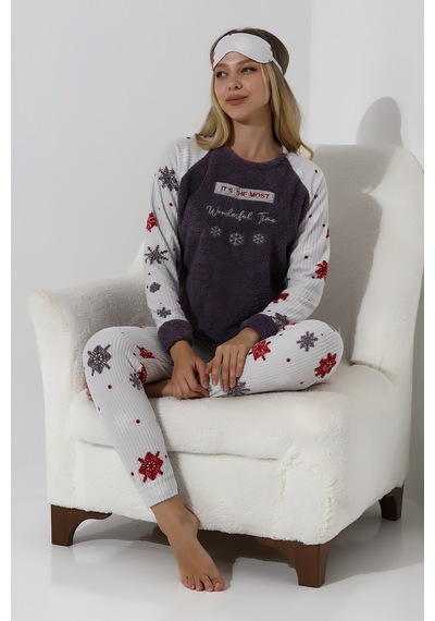 Fawn 5009 Peluş Welsoft Polar Kışlık Yumoş Kadın Pijama Takımı Koyu Gri