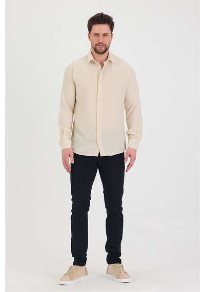 Cool Tarz Erkek Slim Fit Dar Kalıp Uzun Kol Pamuklu Keten Efekt Gömlek Krem Krem