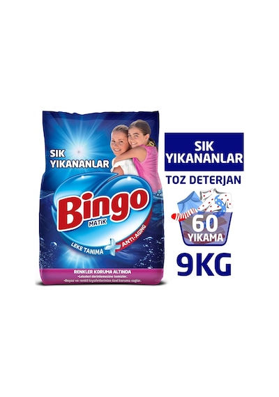 Bingo Matik Sık Yıkananlar Toz Çamaşır Deterjanı 60 Yıkama 9 KG