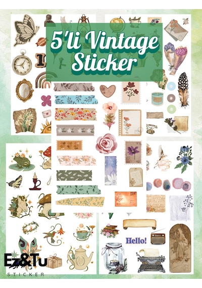 5'li Vintage Sticker Planner Ajanda Bullet Journal Için Uygun Set 93 Adet Stıcker Etiket Çok Renkli