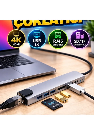 8 Port Type-c Çoklayıcı 4k Hdmı, Usb, Rj45 Ethernet, Sd Ve Tf Kart Okuyucu