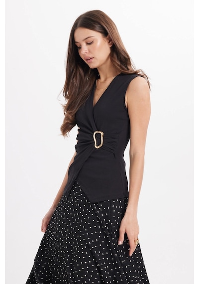 Tudors Kadın Slim Fit Dar Kesim Sıfır Kol Kruvaze Yaka Tokalı Pamuklu Likralı Siyah Bluz-50949