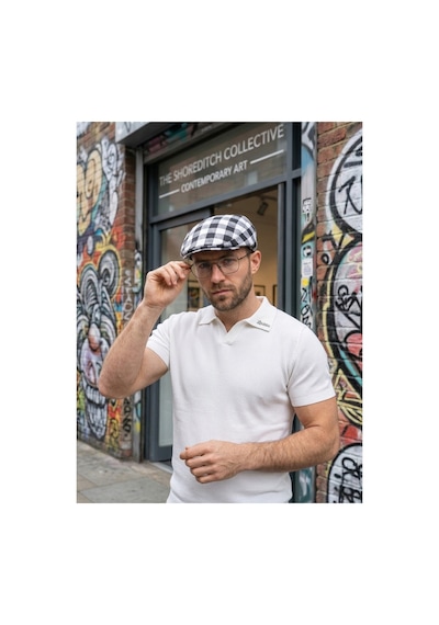 Emybox %100 Keten Yazlık Erkek Şapka London Model - El Yapımı İçi Astarlı Lastikli Terletmez Kumaş Standart Siyah Damalı
