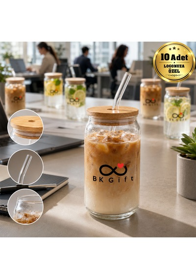 Logonuza Özel 10 Adet Bambu Kapaklı Pipetli Cam Bardak 540 Ml Şeffaf