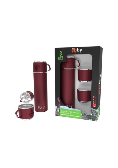 Theebby 3 Bardaklı Çelik Termos Bordo Sıcak Soğuk İçecek Termos Bej