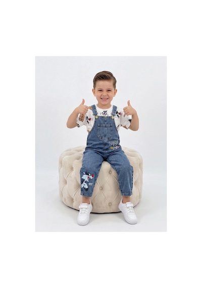 Nota Kids Baskılı Çocuk Kot Salopet Trend 2 Parça Kombin 3-6 Yaş Çok Renkli