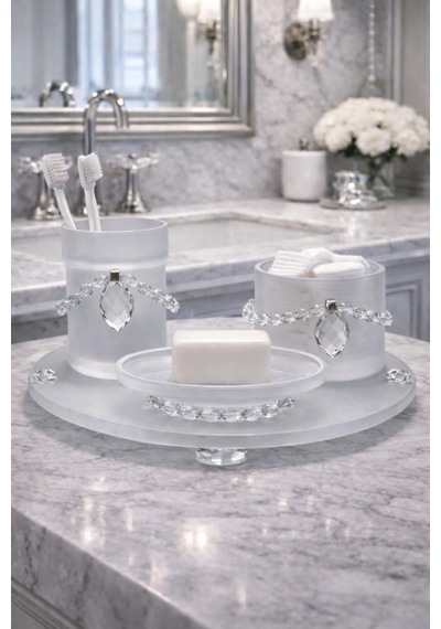 Modern Kristal Detaylı 4 Lü Tepsili Banyo Aksesuar Seti Beyaz
