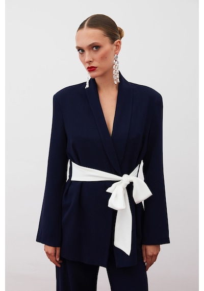Sateen Beli Kuşaklı Uzun Ceket - Lacivert