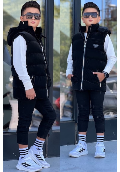 Pina Kids Erkek Çocuk Çıtçıt Kapüşonlu Nova Kumaş Şişme Yelek Ylk3026 Siyah