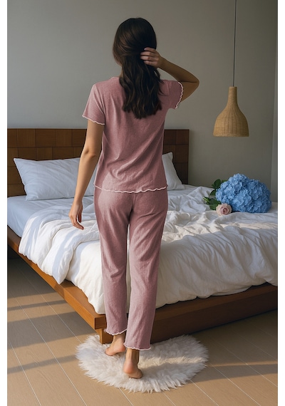 Bella Notte Pamuklu Gül Kurusu Fiyonk Detaylı Mevsimlik Pijama Takımı Pembe