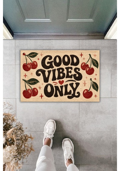 Rugmood Good Vibes Only Kiraz Desenli Dijital Baskı Kapı Önü Paspası 70x45 Cm Çok Renkli