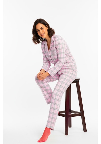 Bravie Luxury Viscose Pembe Ekose Desenli Kadın Uzun Kollu Büyük Beden Pijama Takımı 42531 Pembe
