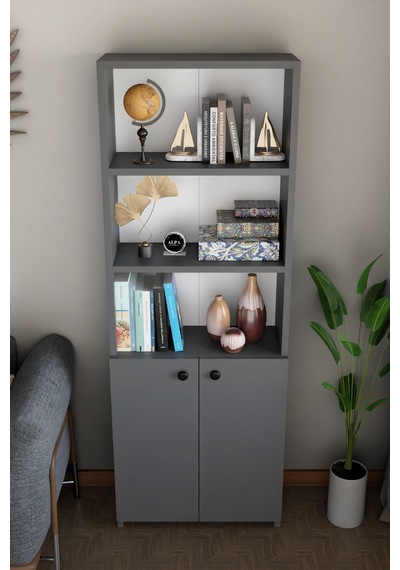 Kapaklı Çok Amaçlı Salon Dolabı 150x50x22 Cm Raflı Kitaplık Dekoratif Depolama Ünitesi Antrasit