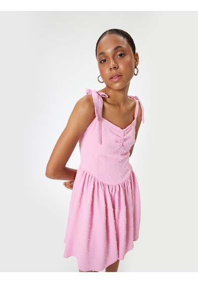 Koton Mini Elbise Askılı Poplin Gipeli V Yaka Slim Fit Pembe 4sal80020ıw Gül