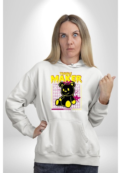Baş Belası Teddy Kadın Erkek Beyaz Kapüşonlu Sweatshirt Hoodie Beyaz